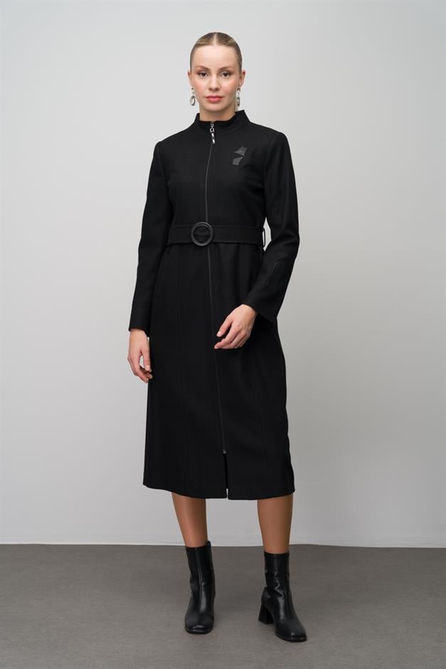 Wool Blend Coat with Leather and Embroidered Details BLACK 6630