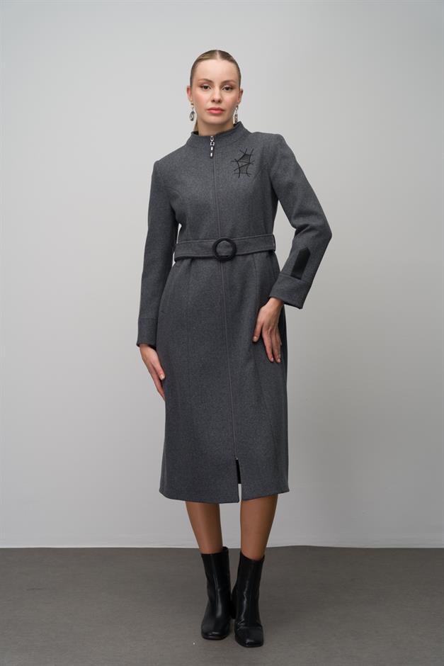 Wool Blend Coat with Leather and Embroidered Details HARD COAL 6630