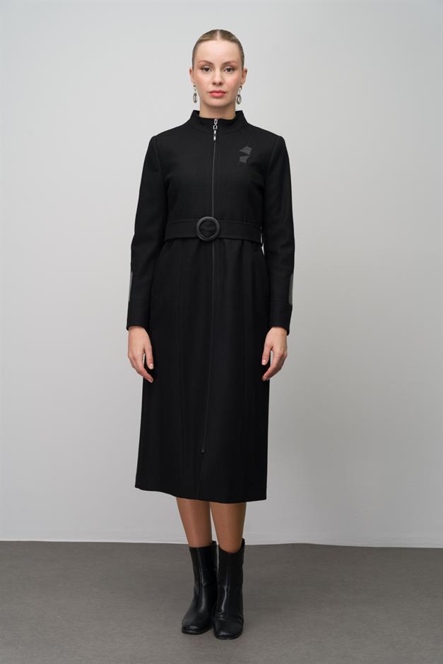 Wool Blend Coat with Leather and Embroidered Details BLACK 6630