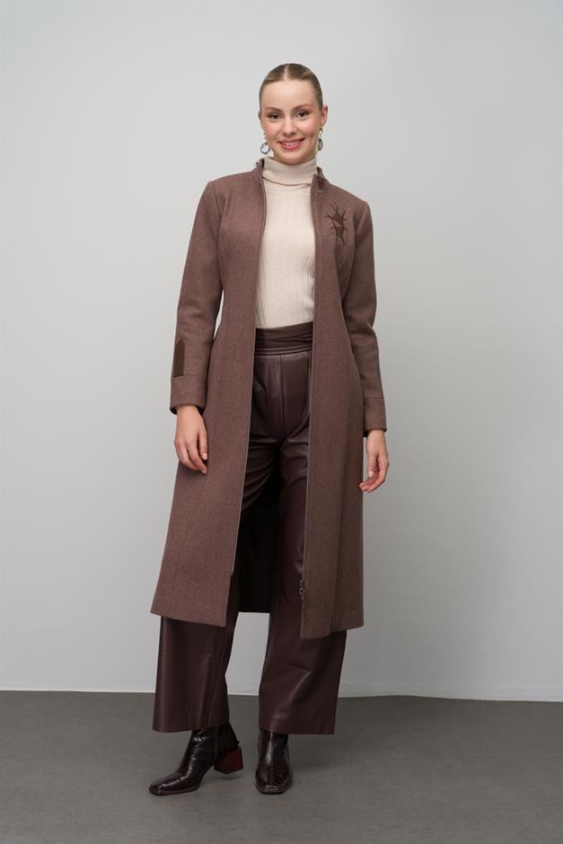 Wool Blend Coat with Leather and Embroidered Details COFFEE MELANGE 6630