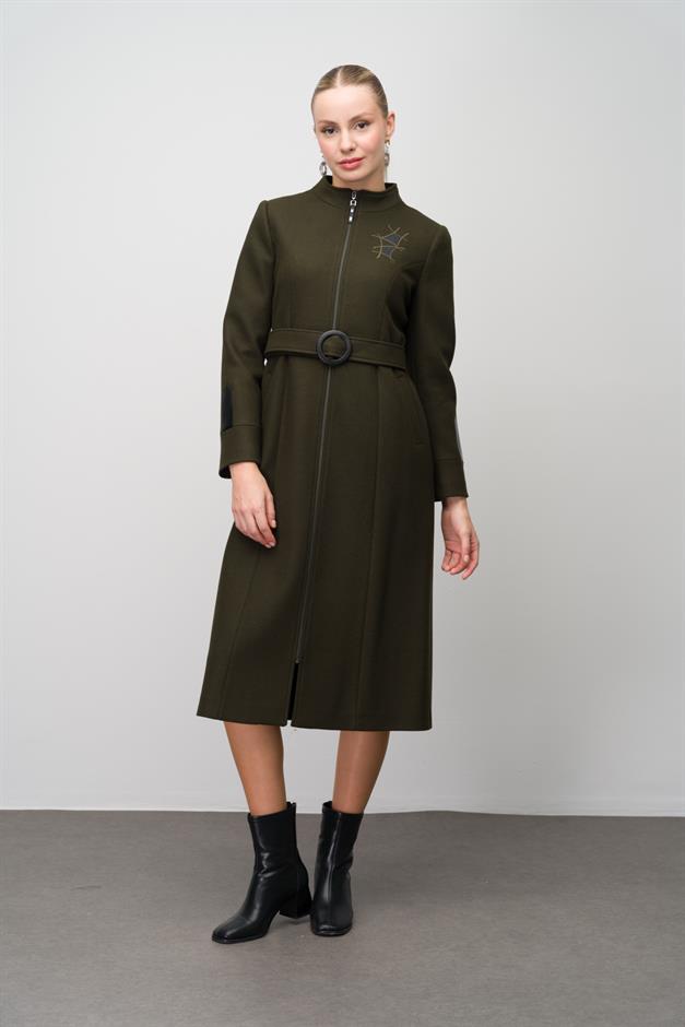 Wool Blend Coat with Leather and Embroidered Details DRAB 6630