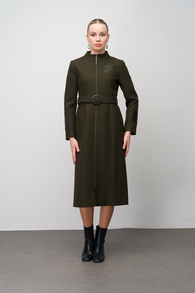 Wool Blend Coat with Leather and Embroidered Details DRAB 6630