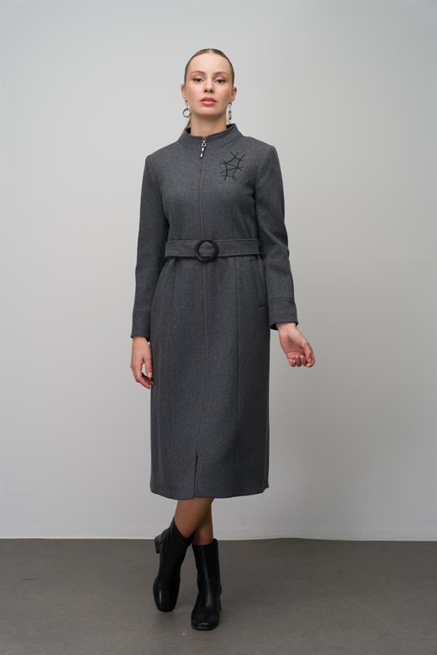 Wool Blend Coat with Leather and Embroidered Details HARD COAL 6630