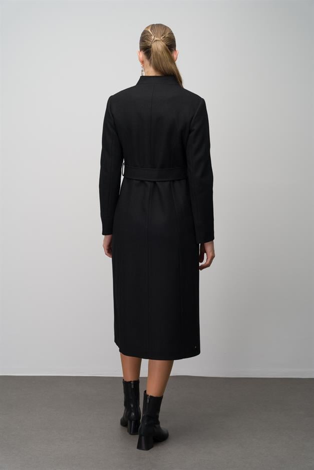 Wool Blend Coat with Leather and Embroidered Details BLACK 6630