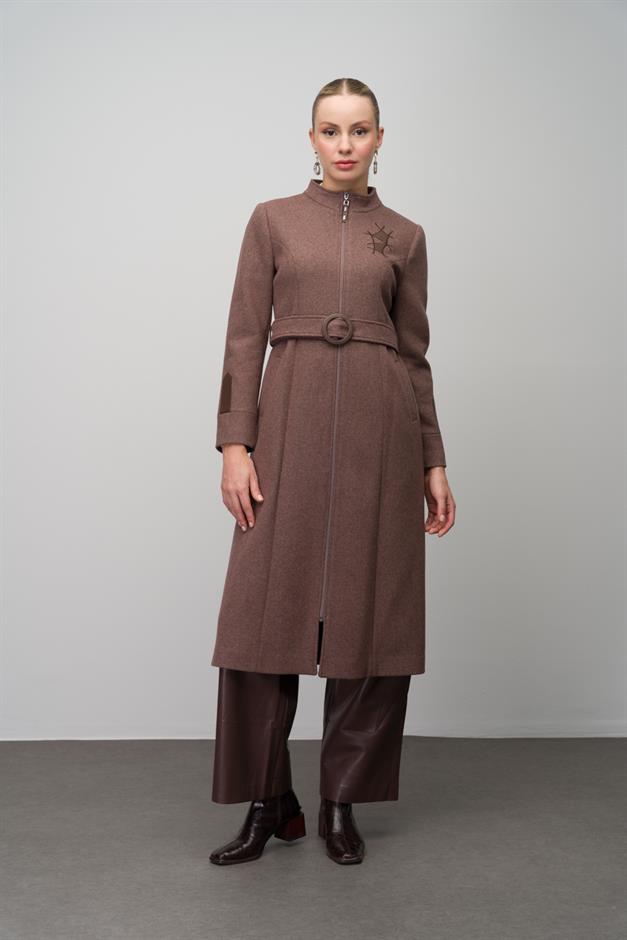 Wool Blend Coat with Leather and Embroidered Details COFFEE MELANGE 6630