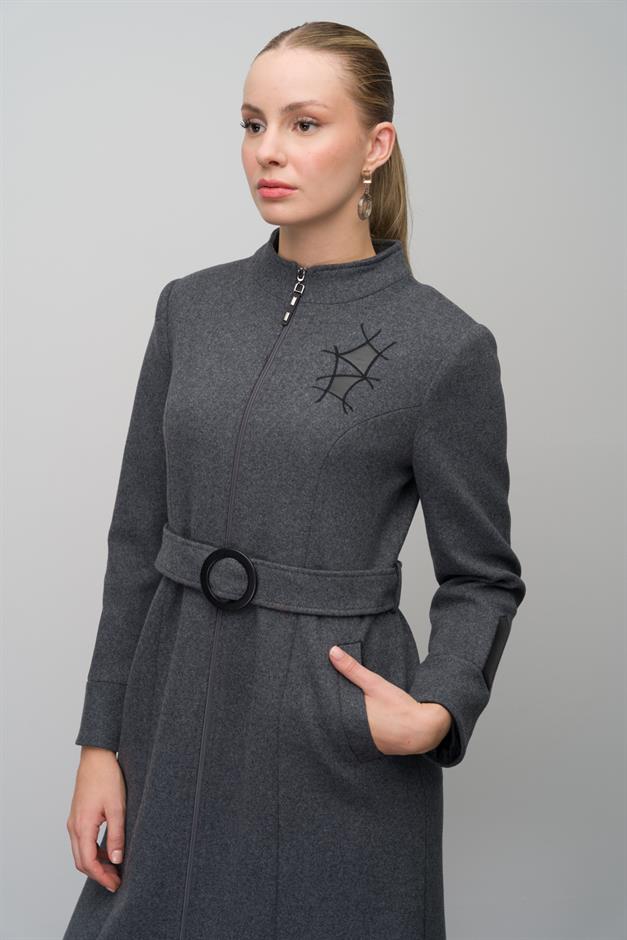 Wool Blend Coat with Leather and Embroidered Details HARD COAL 6630