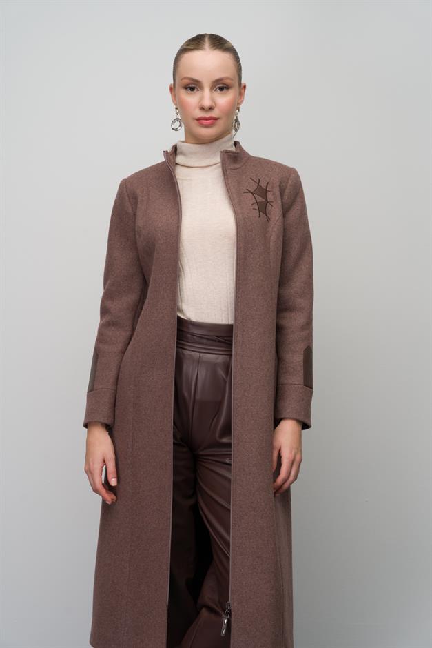Wool Blend Coat with Leather and Embroidered Details COFFEE MELANGE 6630