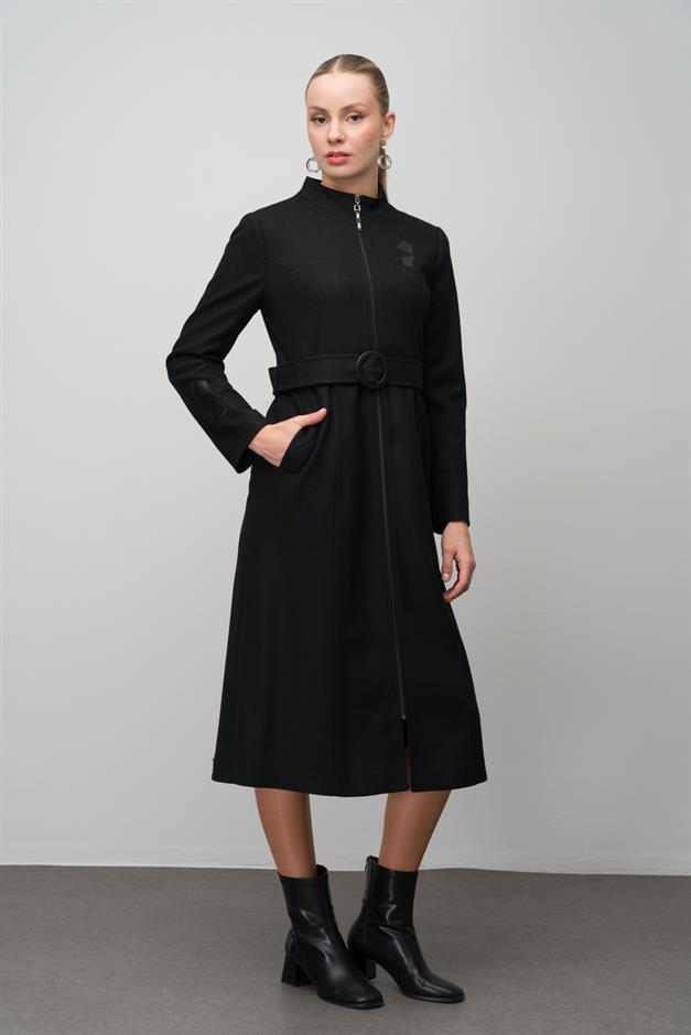 Wool Blend Coat with Leather and Embroidered Details BLACK 6630