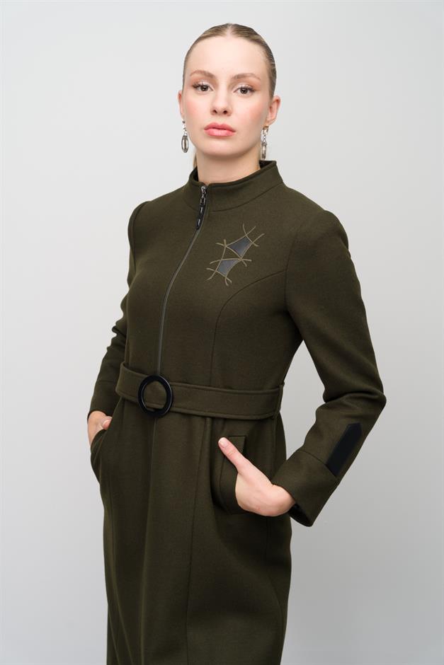Wool Blend Coat with Leather and Embroidered Details DRAB 6630