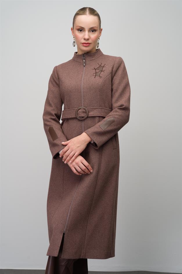 Wool Blend Coat with Leather and Embroidered Details COFFEE MELANGE 6630