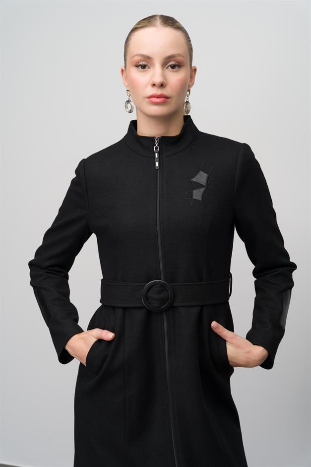 Wool Blend Coat with Leather and Embroidered Details BLACK 6630