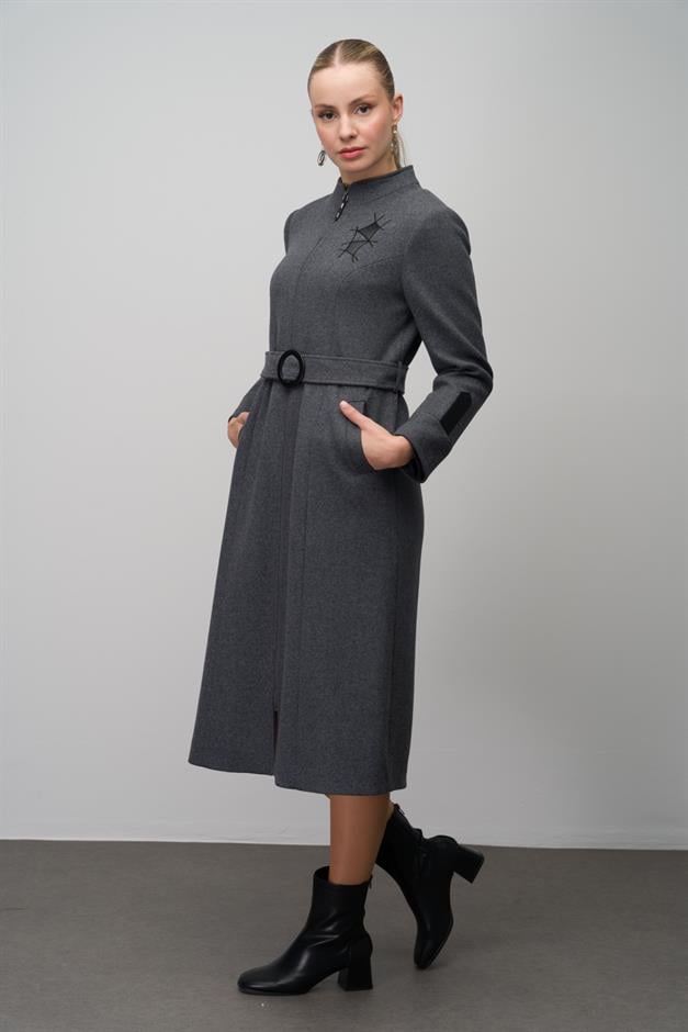 Wool Blend Coat with Leather and Embroidered Details HARD COAL 6630