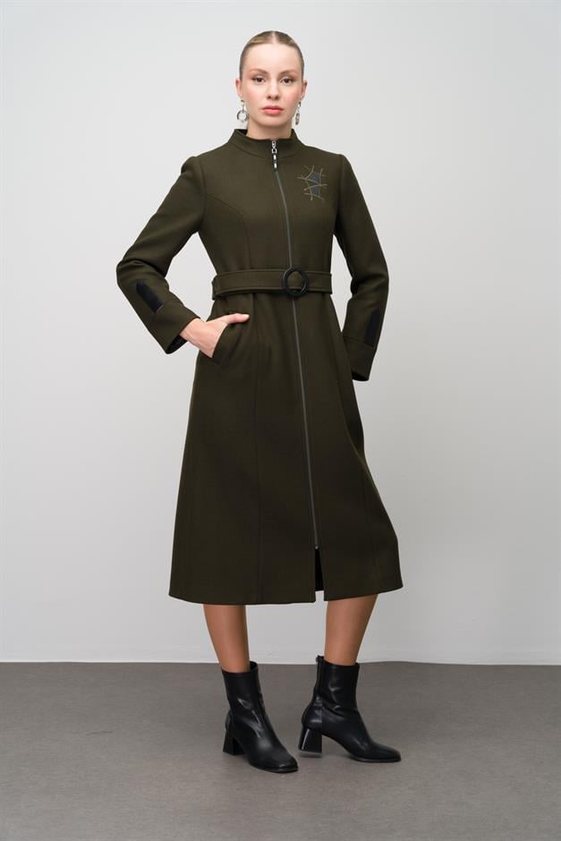 Wool Blend Coat with Leather and Embroidered Details DRAB 6630