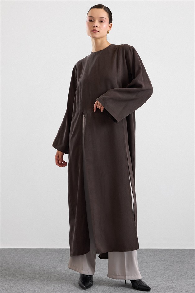 Derin Yırtmaçlı Oversize Uzun Tunik KAHVE 9838