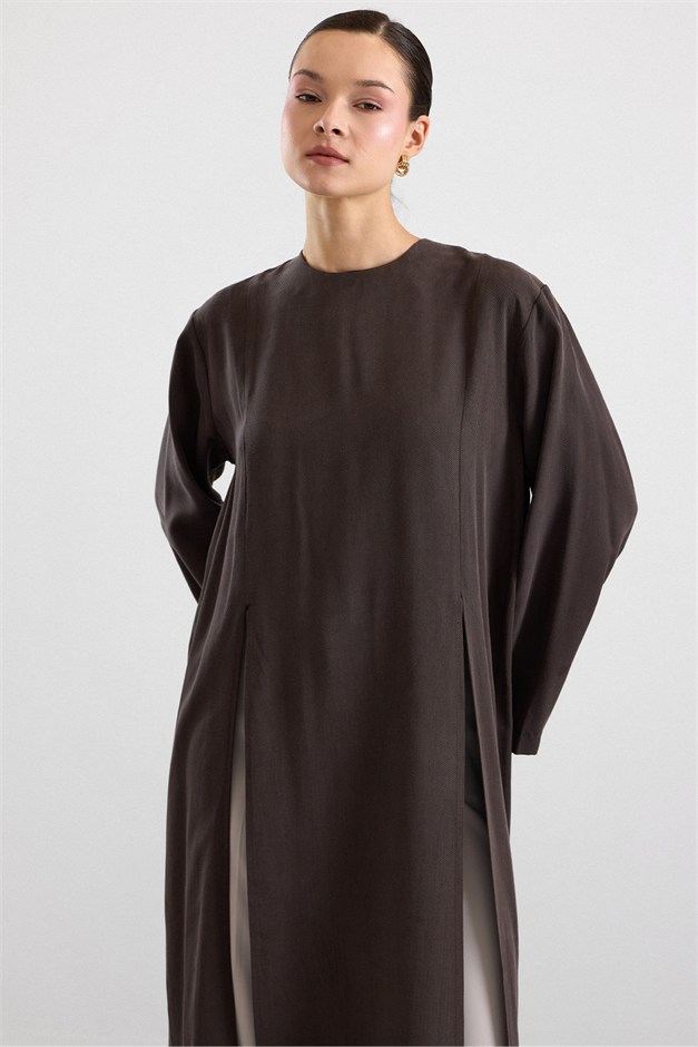 Derin Yırtmaçlı Oversize Uzun Tunik KAHVE 9838
