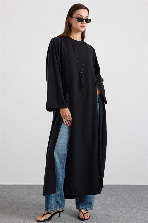 Derin Yırtmaçlı Oversize Uzun Tunik SİYAH 9838