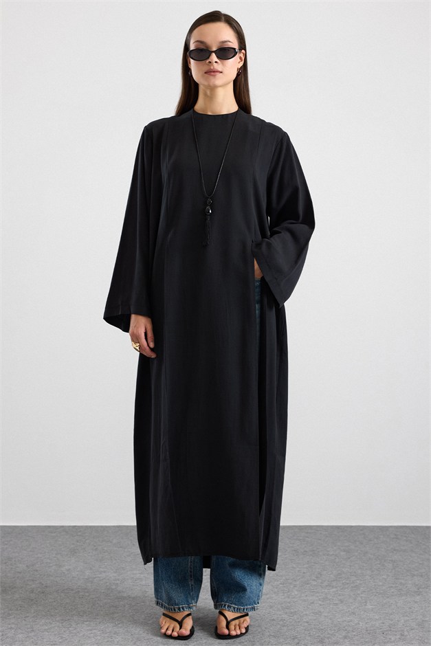 Derin Yırtmaçlı Oversize Uzun Tunik SİYAH 9838