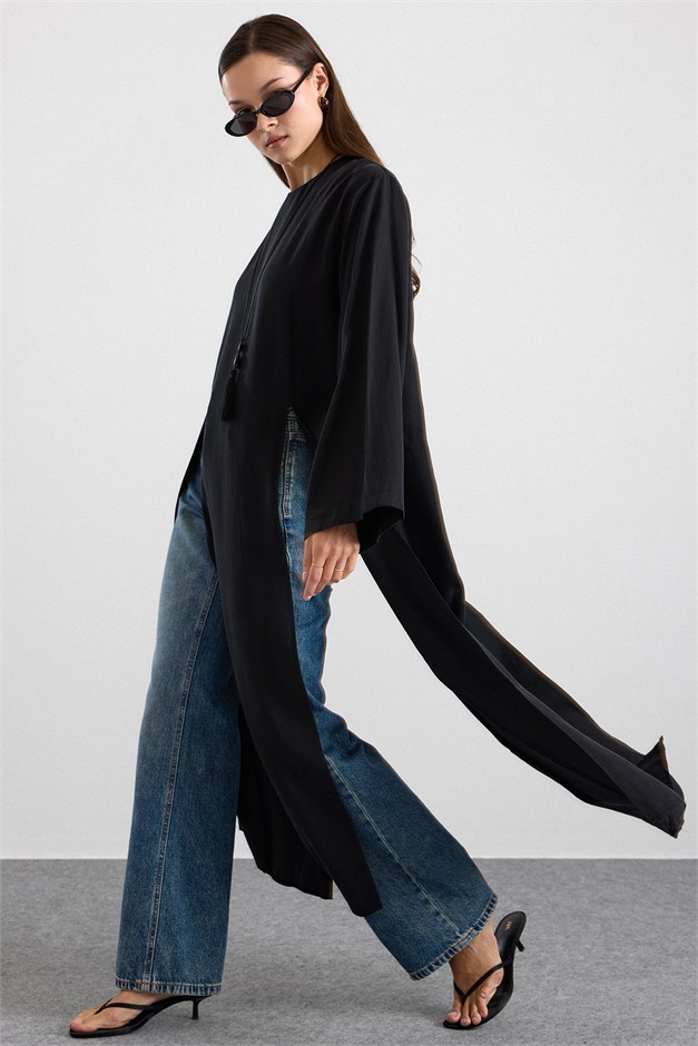 Derin Yırtmaçlı Oversize Uzun Tunik SİYAH 9838