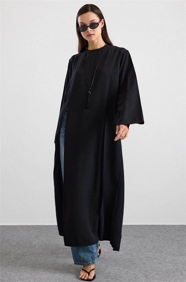 Derin Yırtmaçlı Oversize Uzun Tunik SİYAH 9838