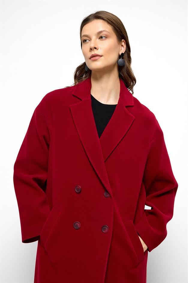 معطف كبير الحجم مبطن بنقشة مزدوجة الصدر أحمر 3095