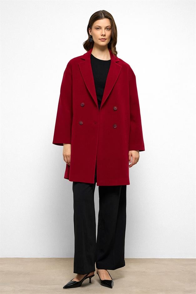 معطف كبير الحجم مبطن بنقشة مزدوجة الصدر أحمر 3095