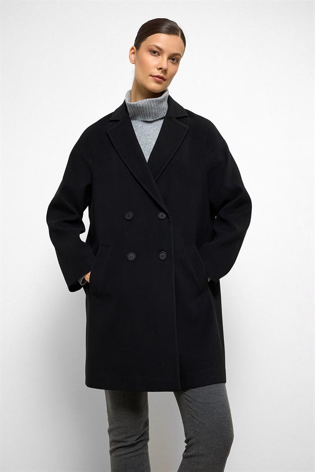 معطف كبير الحجم مبطن بنقشة مزدوجة الصدر أسود 3095