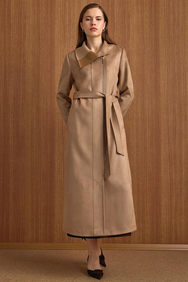 Devrik Yaka Fermuar Kapamalı Deri Garnili Süet Görünümlü Kap A.KAMEL 6804