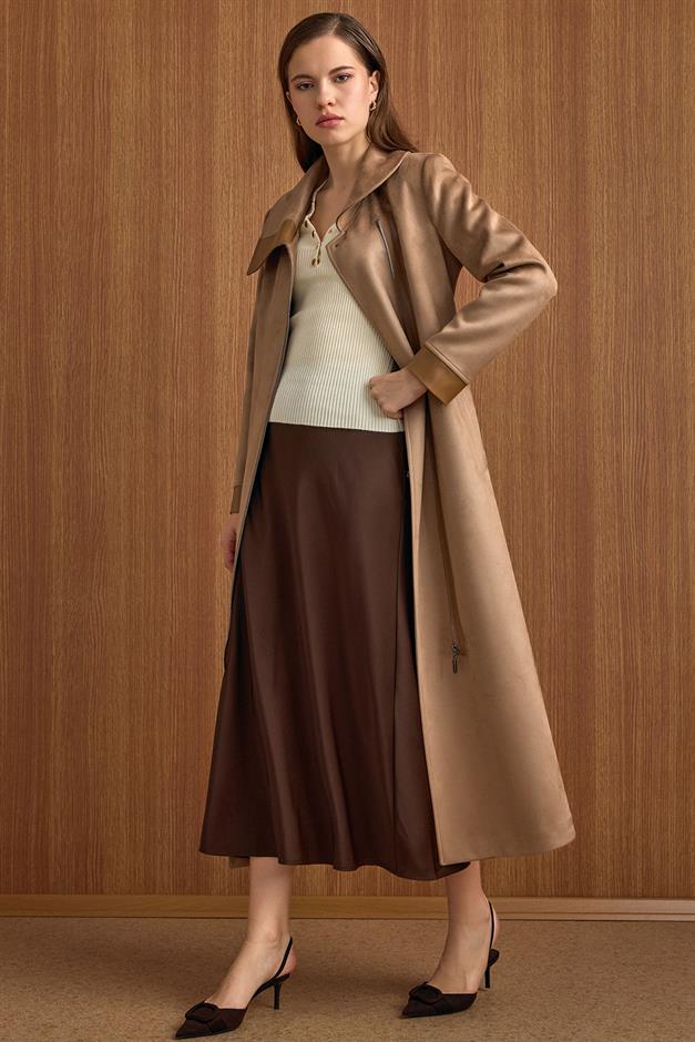 Devrik Yaka Fermuar Kapamalı Deri Garnili Süet Görünümlü Kap A.KAMEL 6804