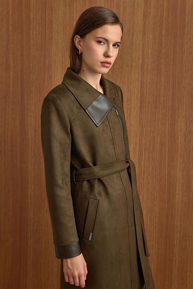 Devrik Yaka Fermuar Kapamalı Deri Garnili Süet Görünümlü Kap K.HAKİ 6804