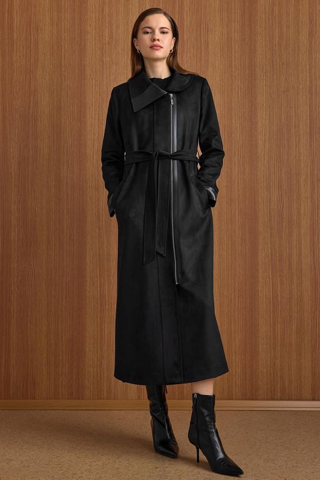 Devrik Yaka Fermuar Kapamalı Deri Garnili Süet Görünümlü Kap SİYAH 6804