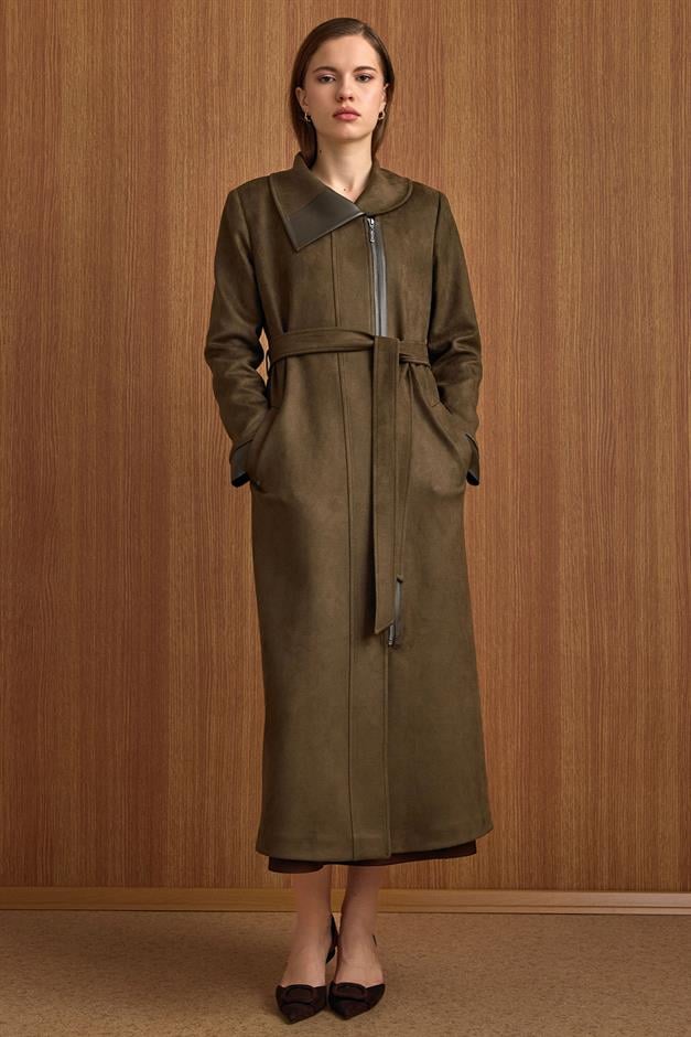 Devrik Yaka Fermuar Kapamalı Deri Garnili Süet Görünümlü Kap K.HAKİ 6804