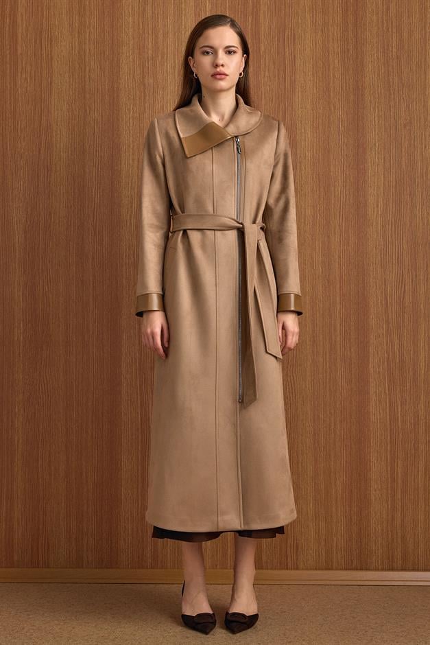 Devrik Yaka Fermuar Kapamalı Deri Garnili Süet Görünümlü Kap A.KAMEL 6804