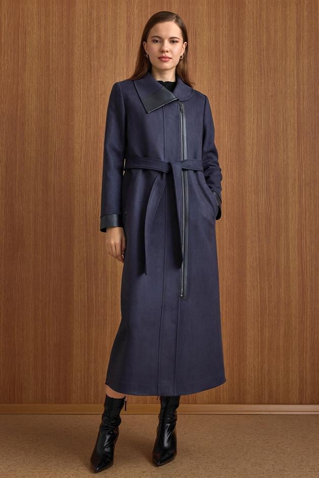 Devrik Yaka Fermuar Kapamalı Deri Garnili Süet Görünümlü Kap LACİVERT 6804