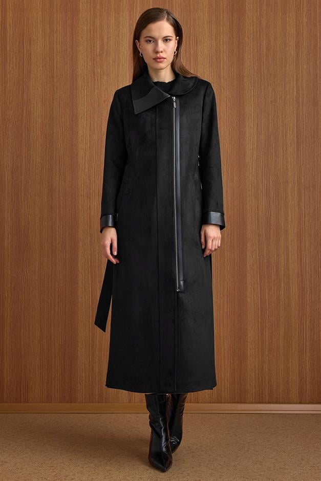 Devrik Yaka Fermuar Kapamalı Deri Garnili Süet Görünümlü Kap SİYAH 6804