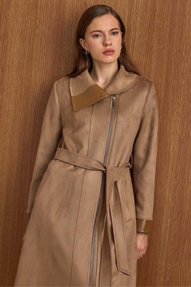 Devrik Yaka Fermuar Kapamalı Deri Garnili Süet Görünümlü Kap A.KAMEL 6804