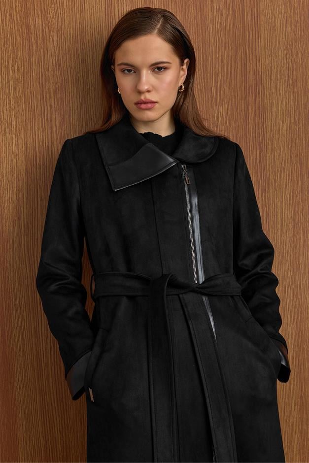 Devrik Yaka Fermuar Kapamalı Deri Garnili Süet Görünümlü Kap SİYAH 6804