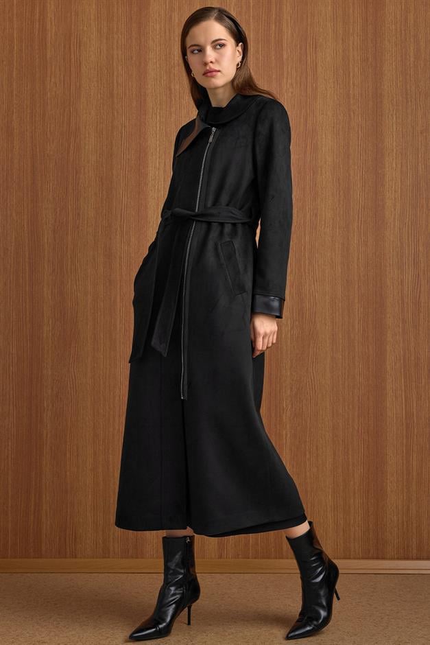 Devrik Yaka Fermuar Kapamalı Deri Garnili Süet Görünümlü Kap SİYAH 6804