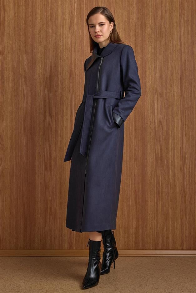 Devrik Yaka Fermuar Kapamalı Deri Garnili Süet Görünümlü Kap LACİVERT 6804