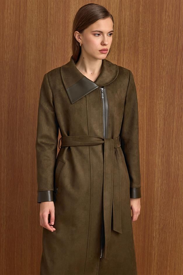 Devrik Yaka Fermuar Kapamalı Deri Garnili Süet Görünümlü Kap K.HAKİ 6804