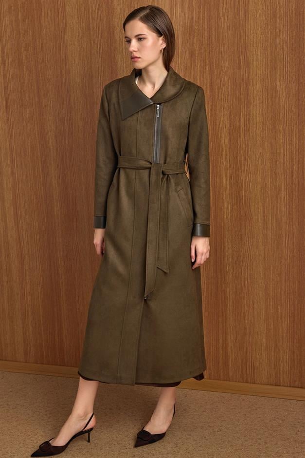 Devrik Yaka Fermuar Kapamalı Deri Garnili Süet Görünümlü Kap K.HAKİ 6804