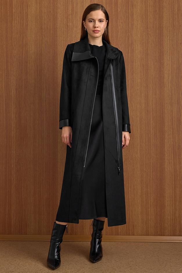 Devrik Yaka Fermuar Kapamalı Deri Garnili Süet Görünümlü Kap SİYAH 6804