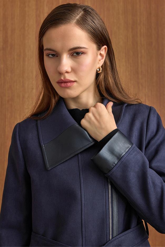 Devrik Yaka Fermuar Kapamalı Deri Garnili Süet Görünümlü Kap LACİVERT 6804