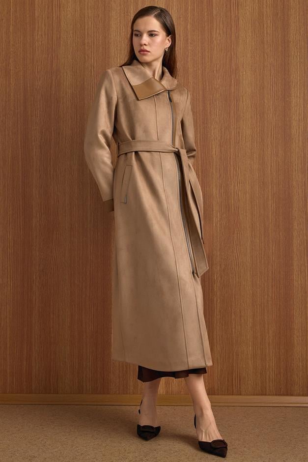 Devrik Yaka Fermuar Kapamalı Deri Garnili Süet Görünümlü Kap A.KAMEL 6804