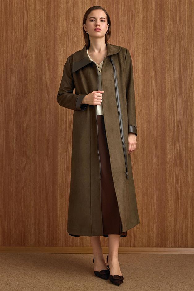 Devrik Yaka Fermuar Kapamalı Deri Garnili Süet Görünümlü Kap K.HAKİ 6804