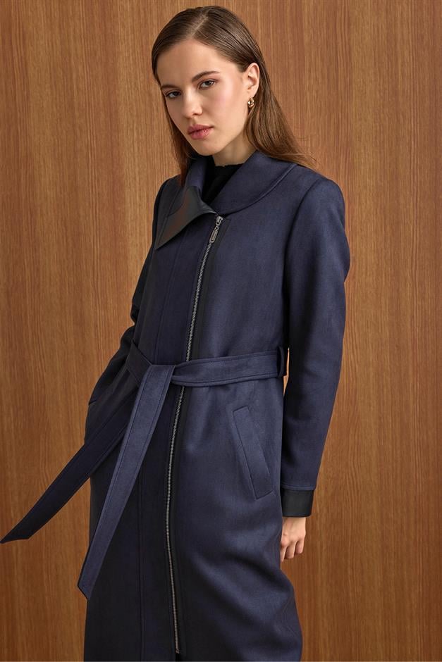 Devrik Yaka Fermuar Kapamalı Deri Garnili Süet Görünümlü Kap LACİVERT 6804