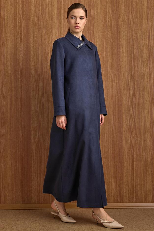 Devrik Yaka Taş Detaylı Süet Görünümlü Büyük Beden Pardesü LACİVERT 6795