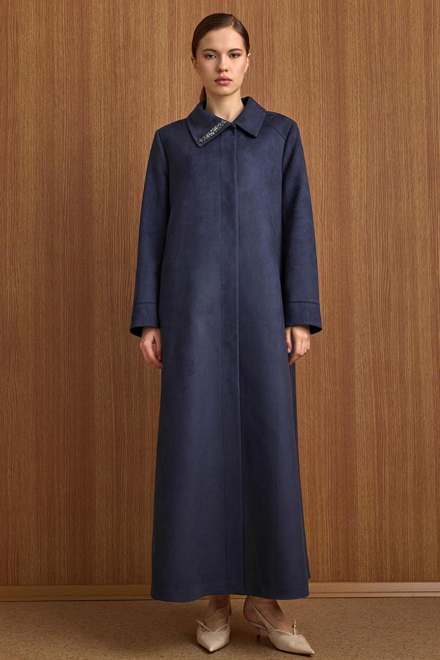 Devrik Yaka Taş Detaylı Süet Görünümlü Büyük Beden Pardesü LACİVERT 6795