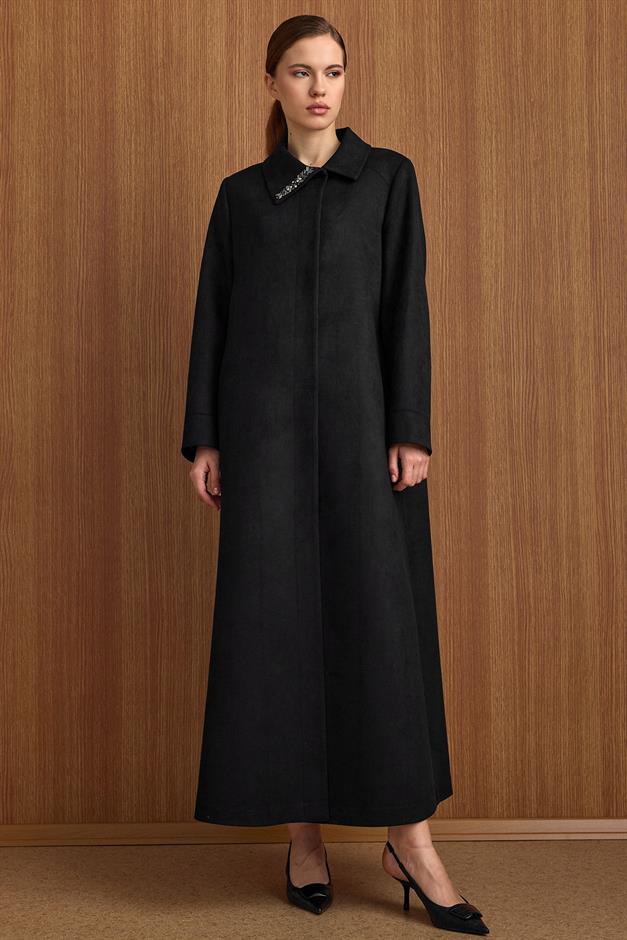 Devrik Yaka Taş Detaylı Süet Görünümlü Büyük Beden Pardesü SİYAH 6795