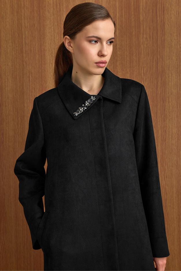 Devrik Yaka Taş Detaylı Süet Görünümlü Büyük Beden Pardesü SİYAH 6795