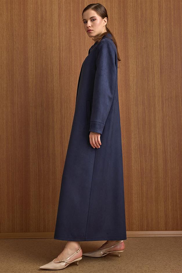 Devrik Yaka Taş Detaylı Süet Görünümlü Büyük Beden Pardesü LACİVERT 6795